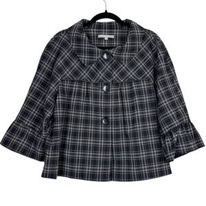NY Collection Woman 1X Plaid Swing Fit‎ Jacket Black Gray Faux Leather Trim